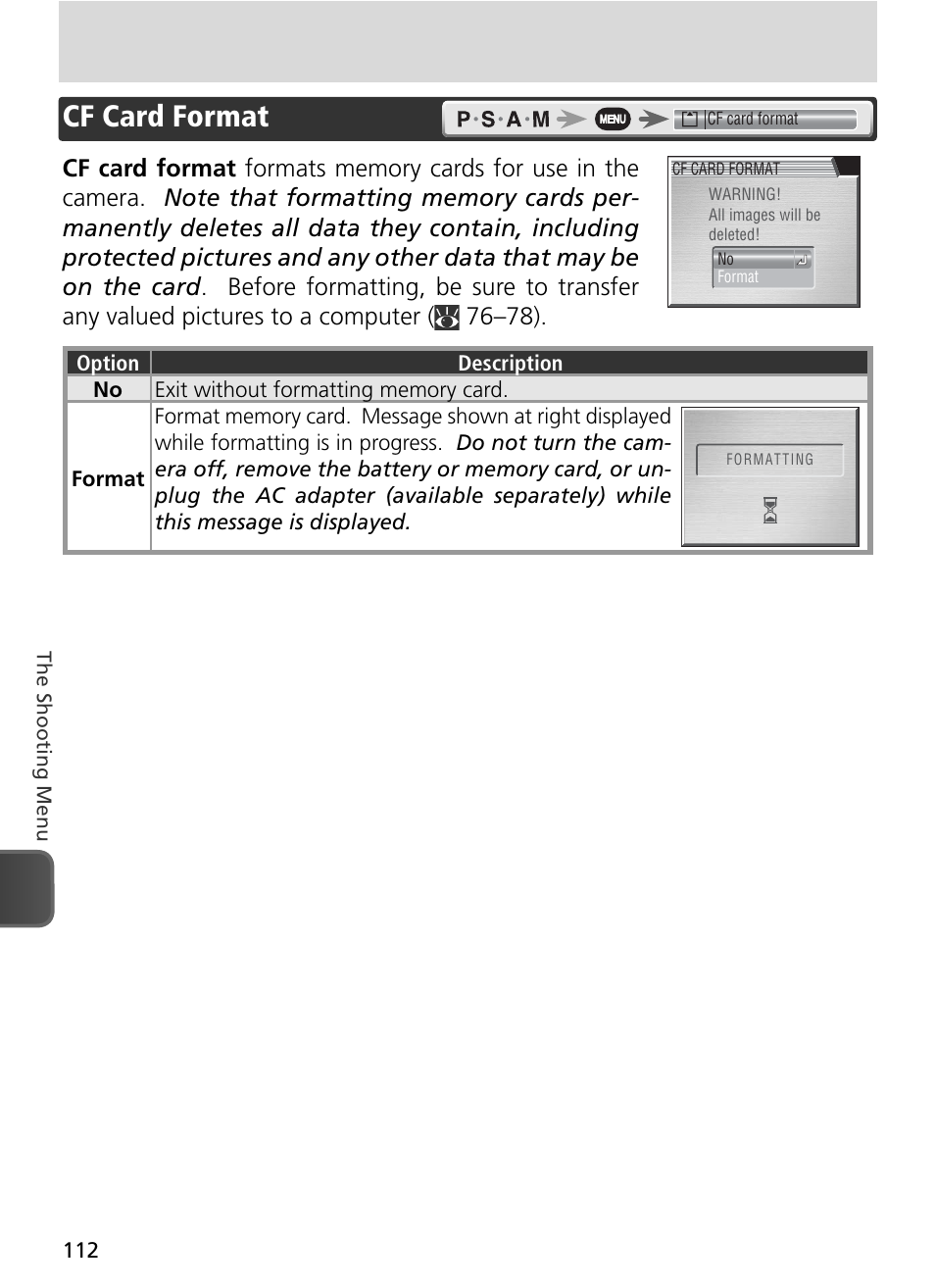 Cf card format | Nikon 8800 User Manual | Page 122 / 170