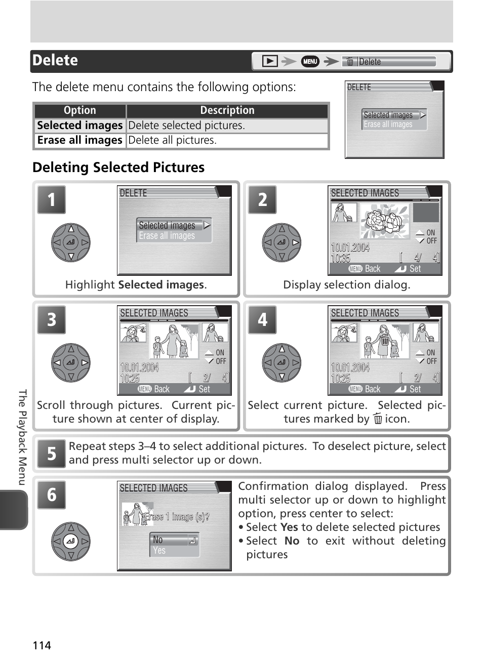 Delete, Deleting selected pictures | Nikon 8800 User Manual | Page 124 / 170