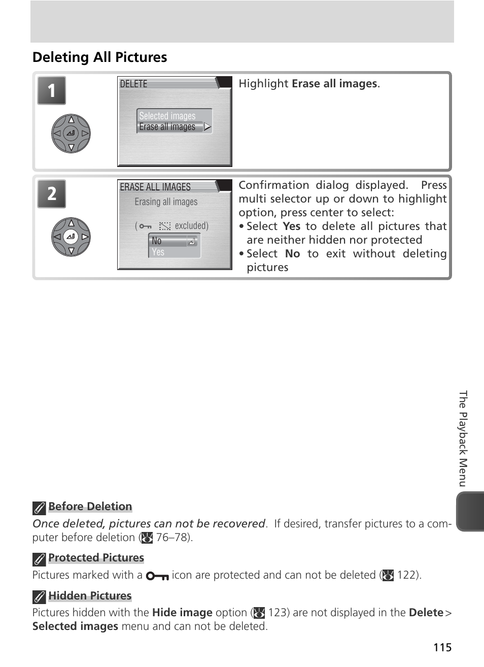 Deleting all pictures | Nikon 8800 User Manual | Page 125 / 170