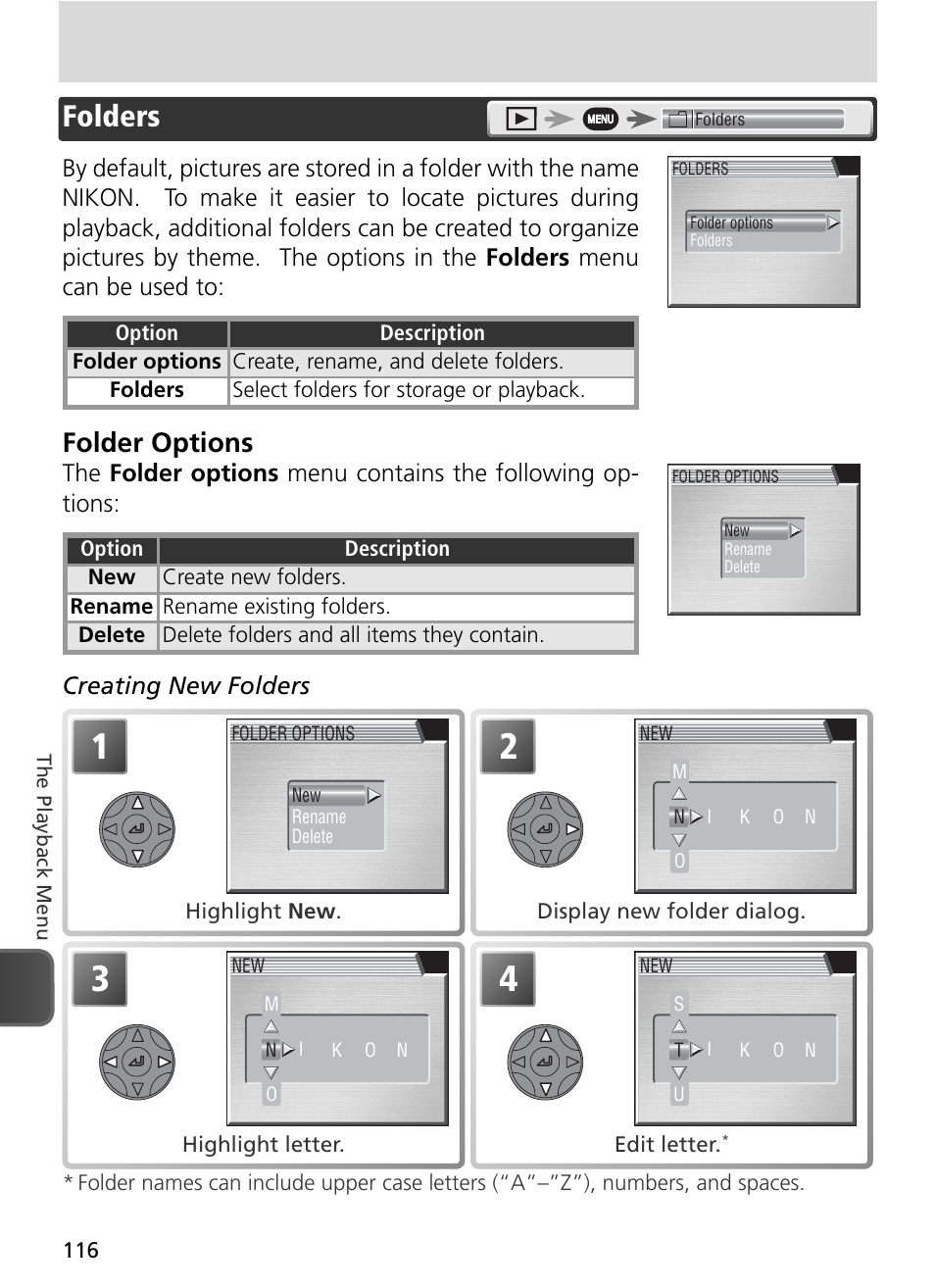Folders, Folder options, Creating new folders | Nikon 8800 User Manual | Page 126 / 170