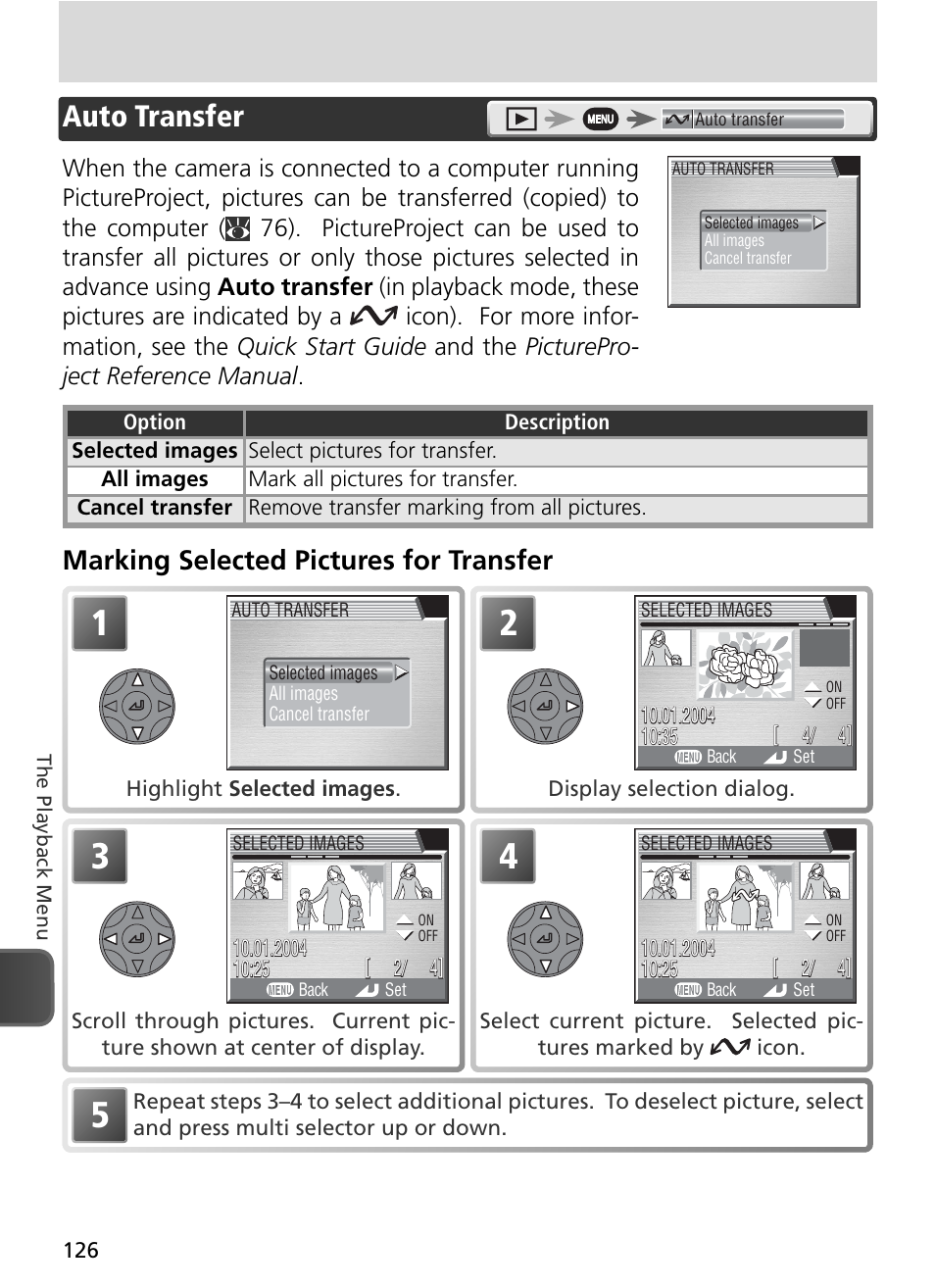Auto transfer, Marking selected pictures for transfer | Nikon 8800 User Manual | Page 136 / 170