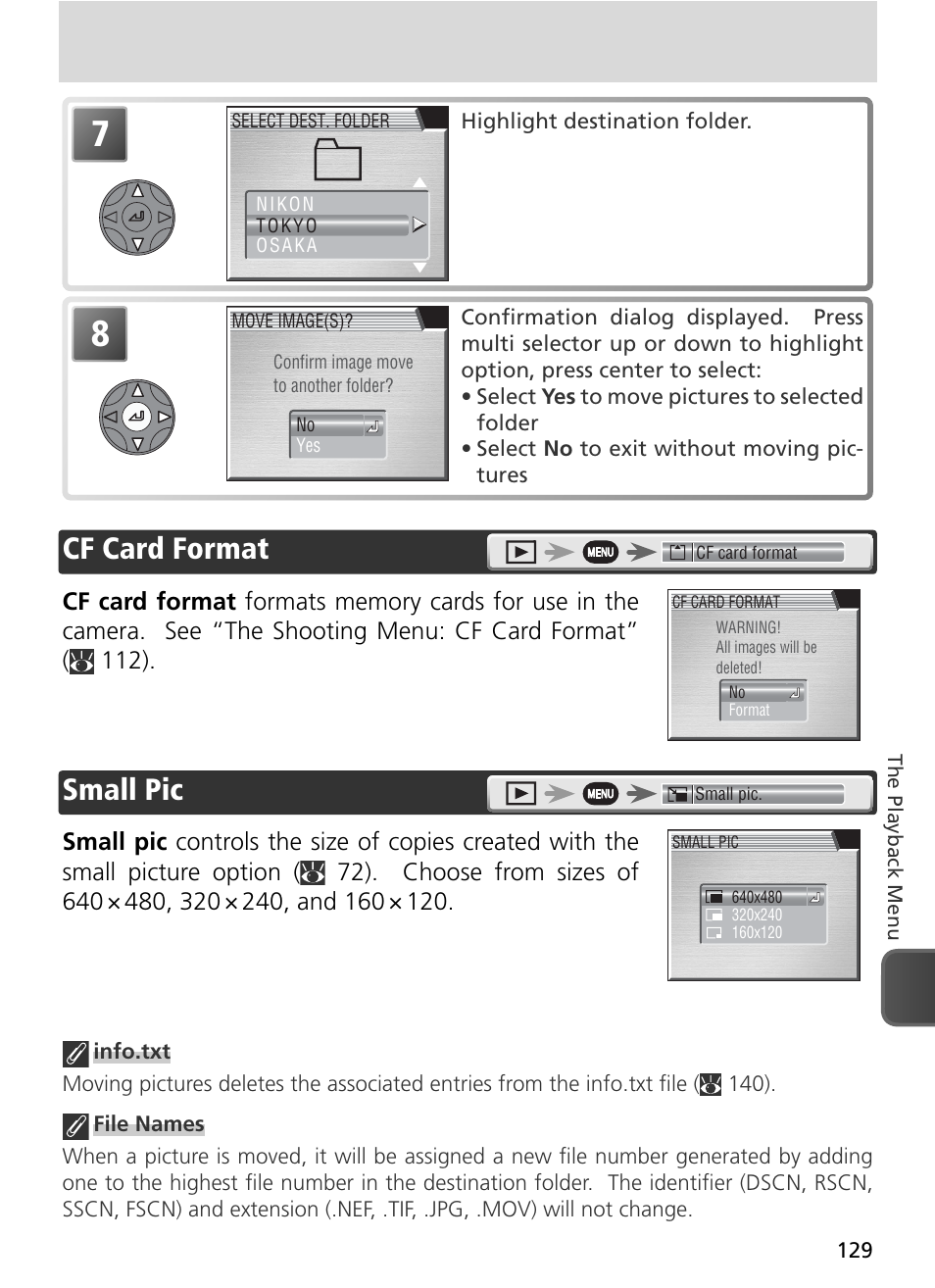Cf card format, Small pic | Nikon 8800 User Manual | Page 139 / 170