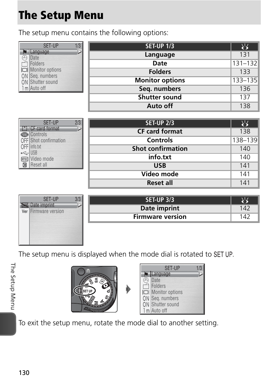 The setup menu, The setup menu contains the following options | Nikon 8800 User Manual | Page 140 / 170