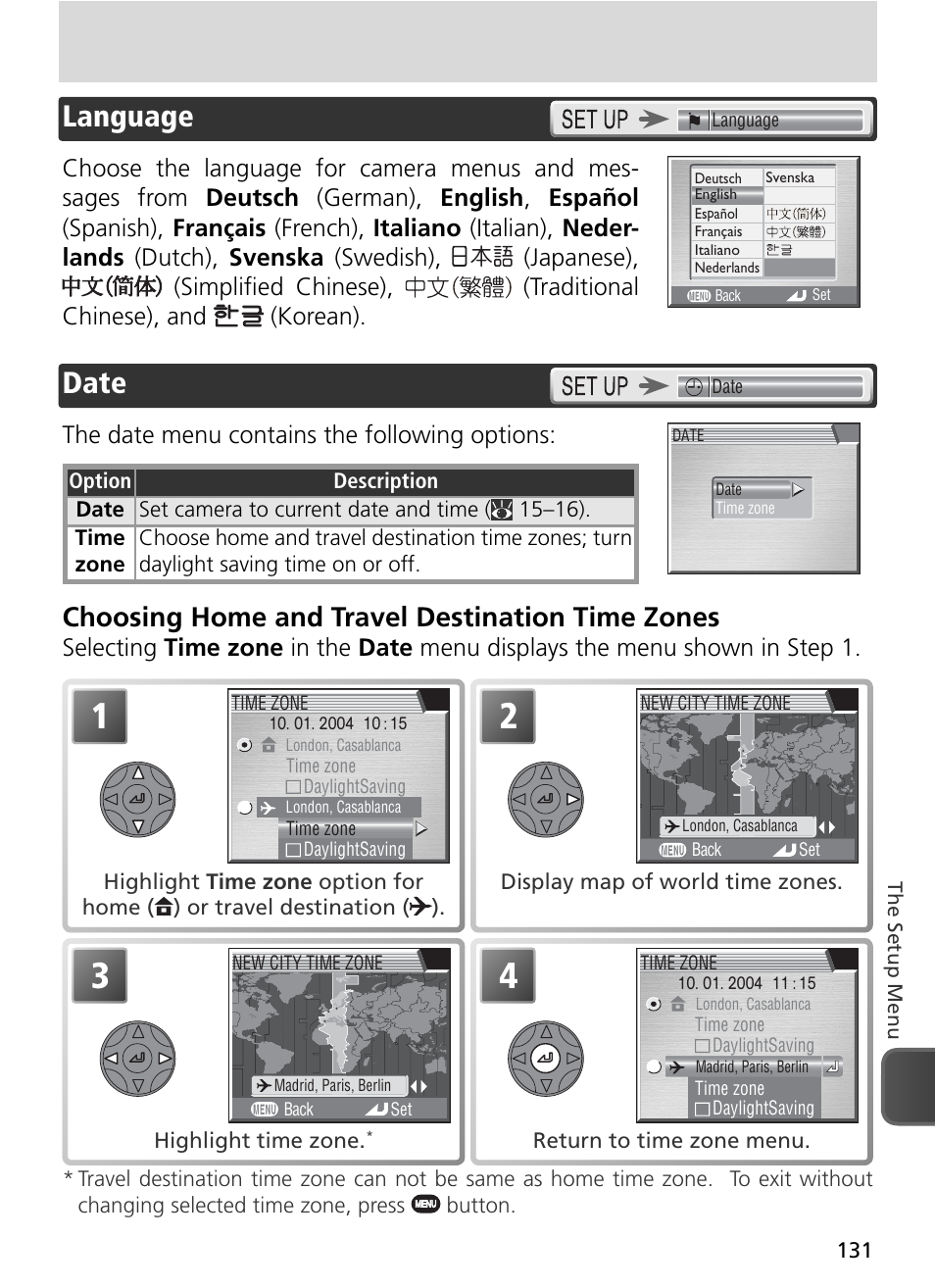 Language, Date, Choosing home and travel destination time zones | The date menu contains the following options | Nikon 8800 User Manual | Page 141 / 170