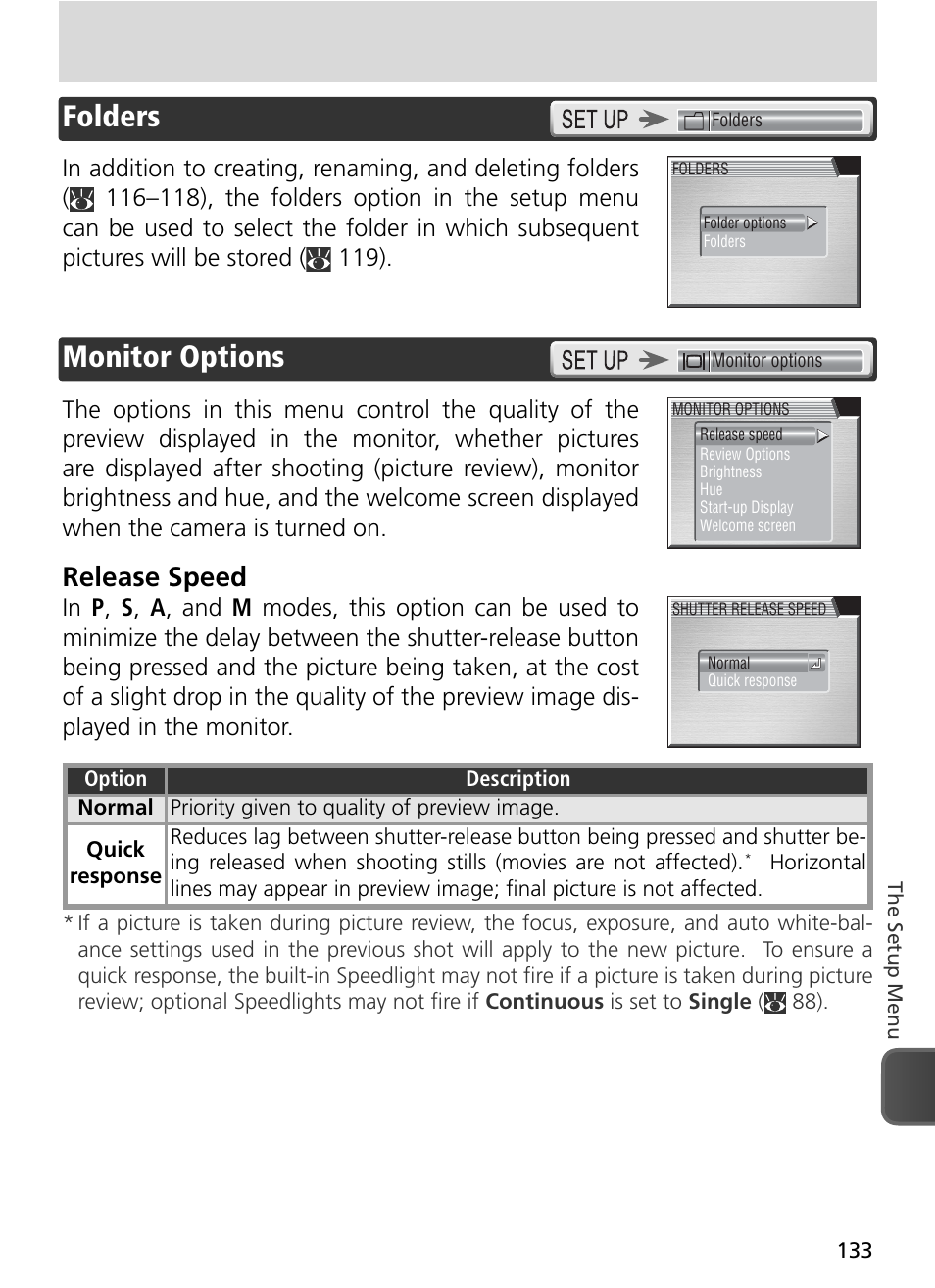 Folders, Monitor options, Folders monitor options | Release speed | Nikon 8800 User Manual | Page 143 / 170