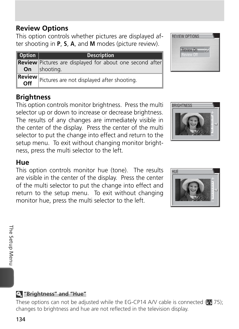 Review options, Brightness | Nikon 8800 User Manual | Page 144 / 170