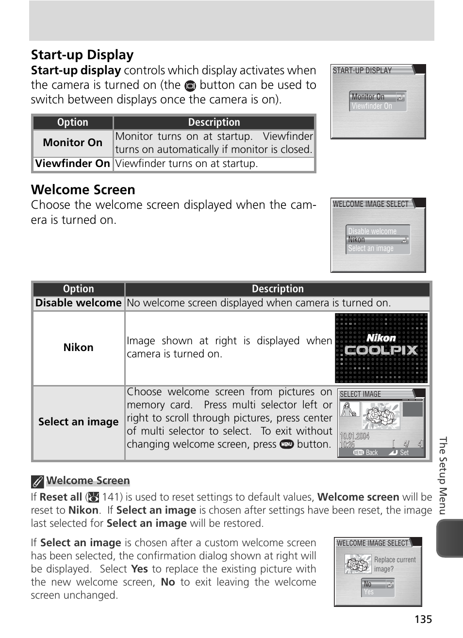 Start-up display, Welcome screen | Nikon 8800 User Manual | Page 145 / 170