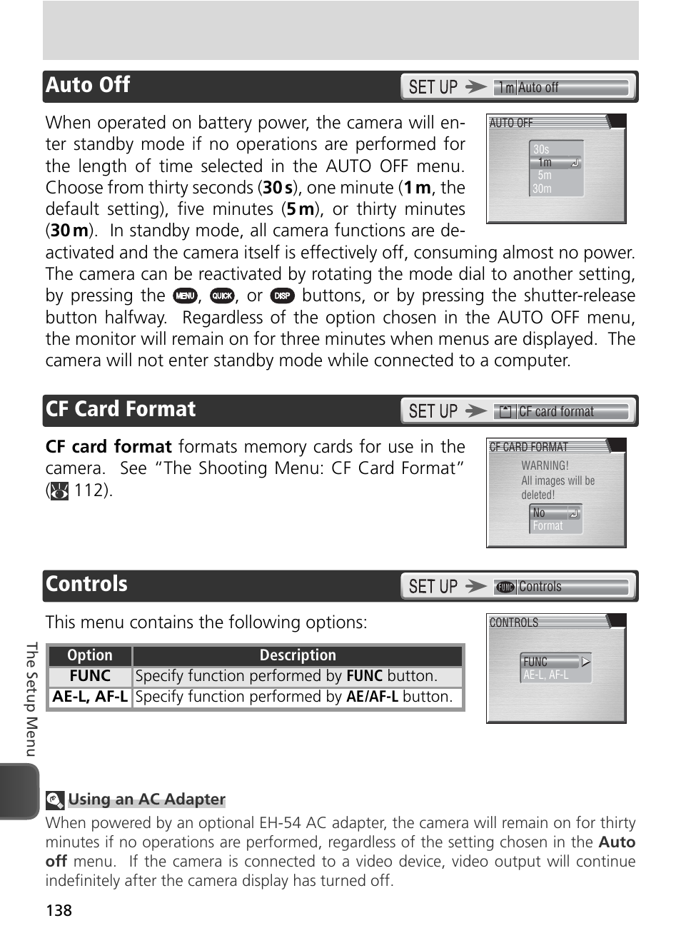 Auto off, Cf card format, Controls | Auto off cf card format, This menu contains the following options | Nikon 8800 User Manual | Page 148 / 170