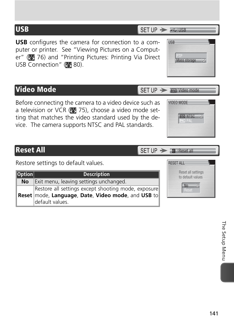 Video mode, Reset all, Usb video mode | Restore settings to default values | Nikon 8800 User Manual | Page 151 / 170