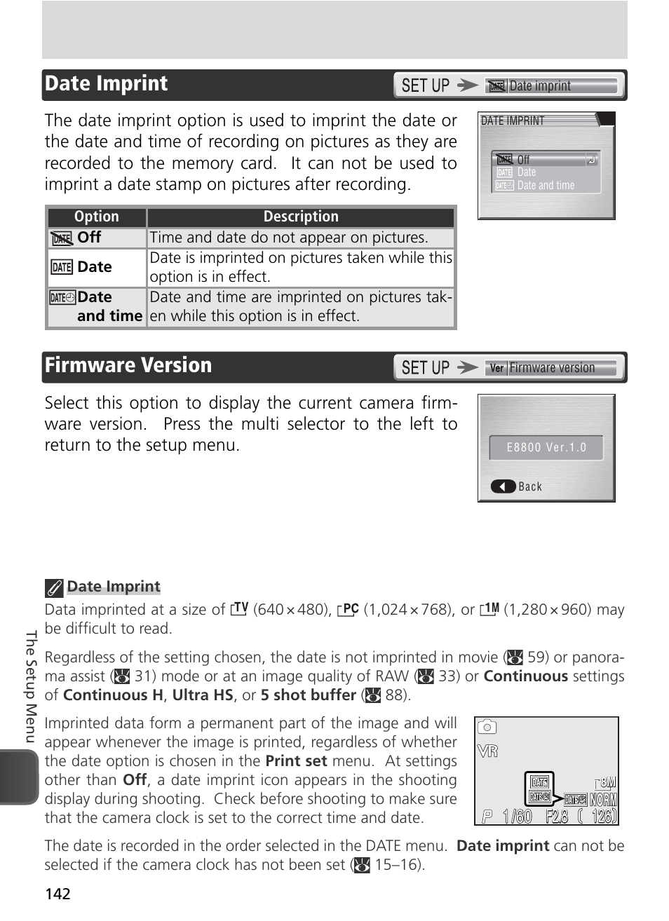 Date imprint, Firmware version, Date imprint firmware version | F2.8 | Nikon 8800 User Manual | Page 152 / 170