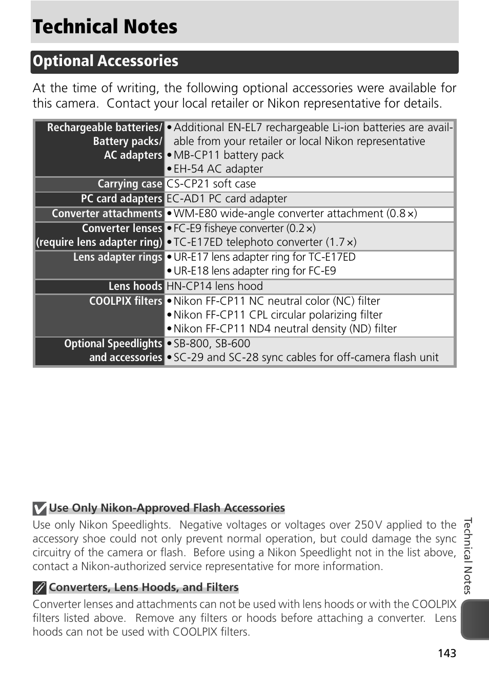 Technical notes, Optional accessories | Nikon 8800 User Manual | Page 153 / 170