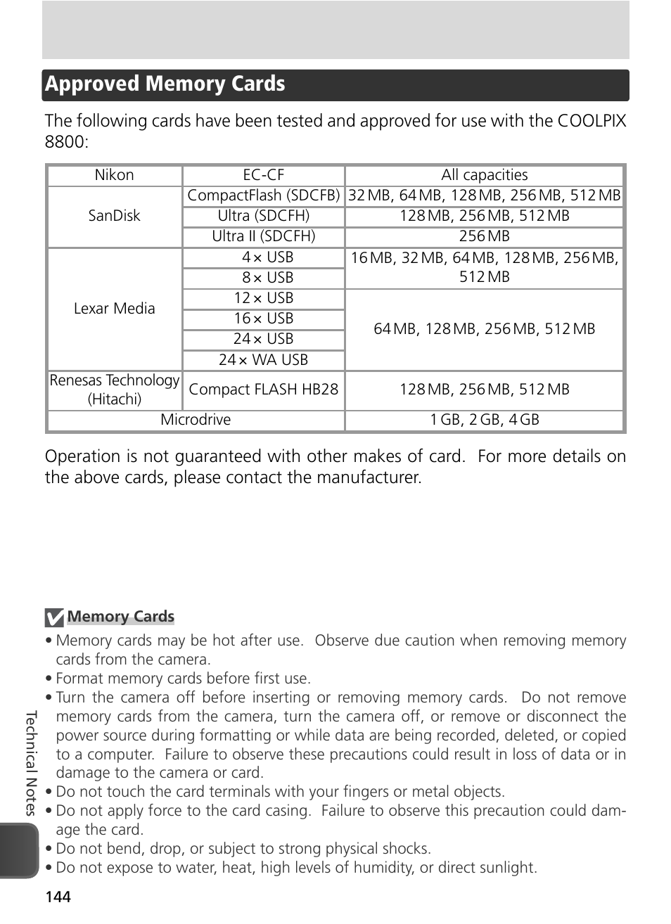 Approved memory cards | Nikon 8800 User Manual | Page 154 / 170