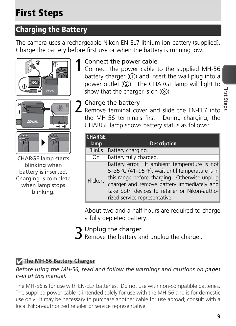 First steps, Charging the battery | Nikon 8800 User Manual | Page 19 / 170