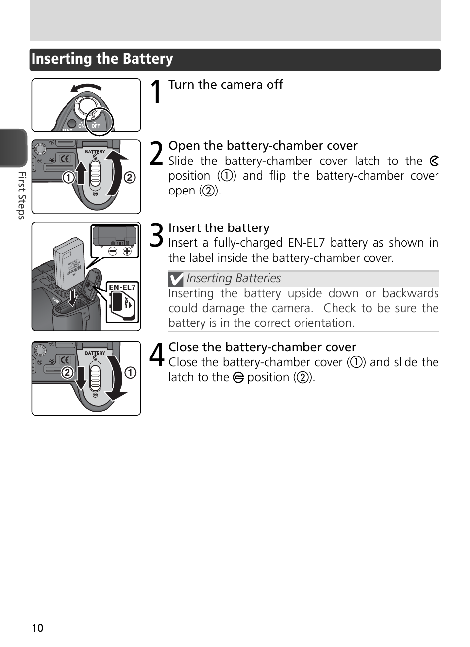Inserting the battery | Nikon 8800 User Manual | Page 20 / 170