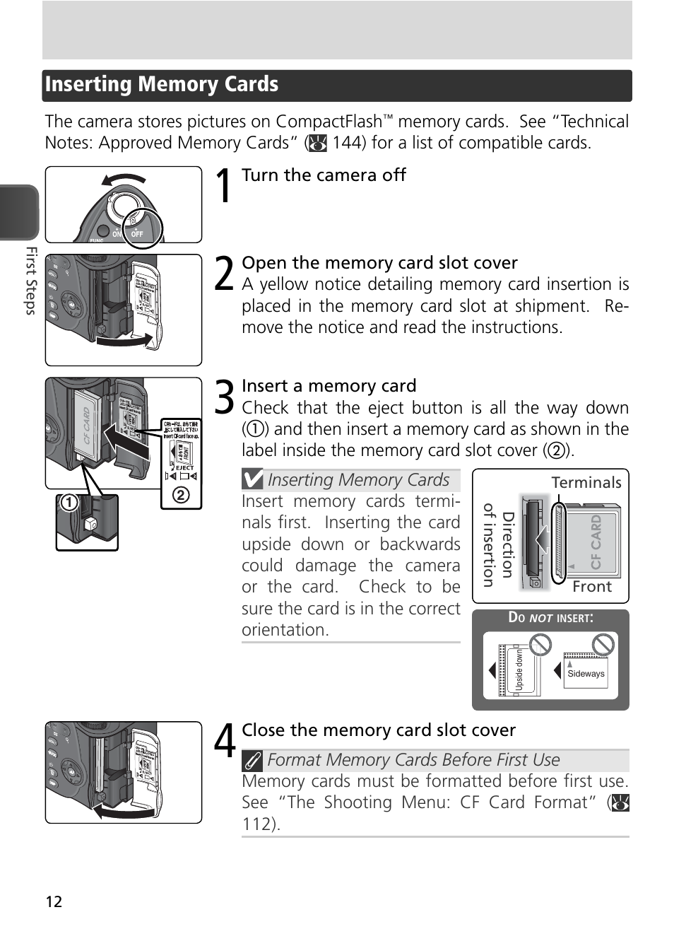 Inserting memory cards | Nikon 8800 User Manual | Page 22 / 170