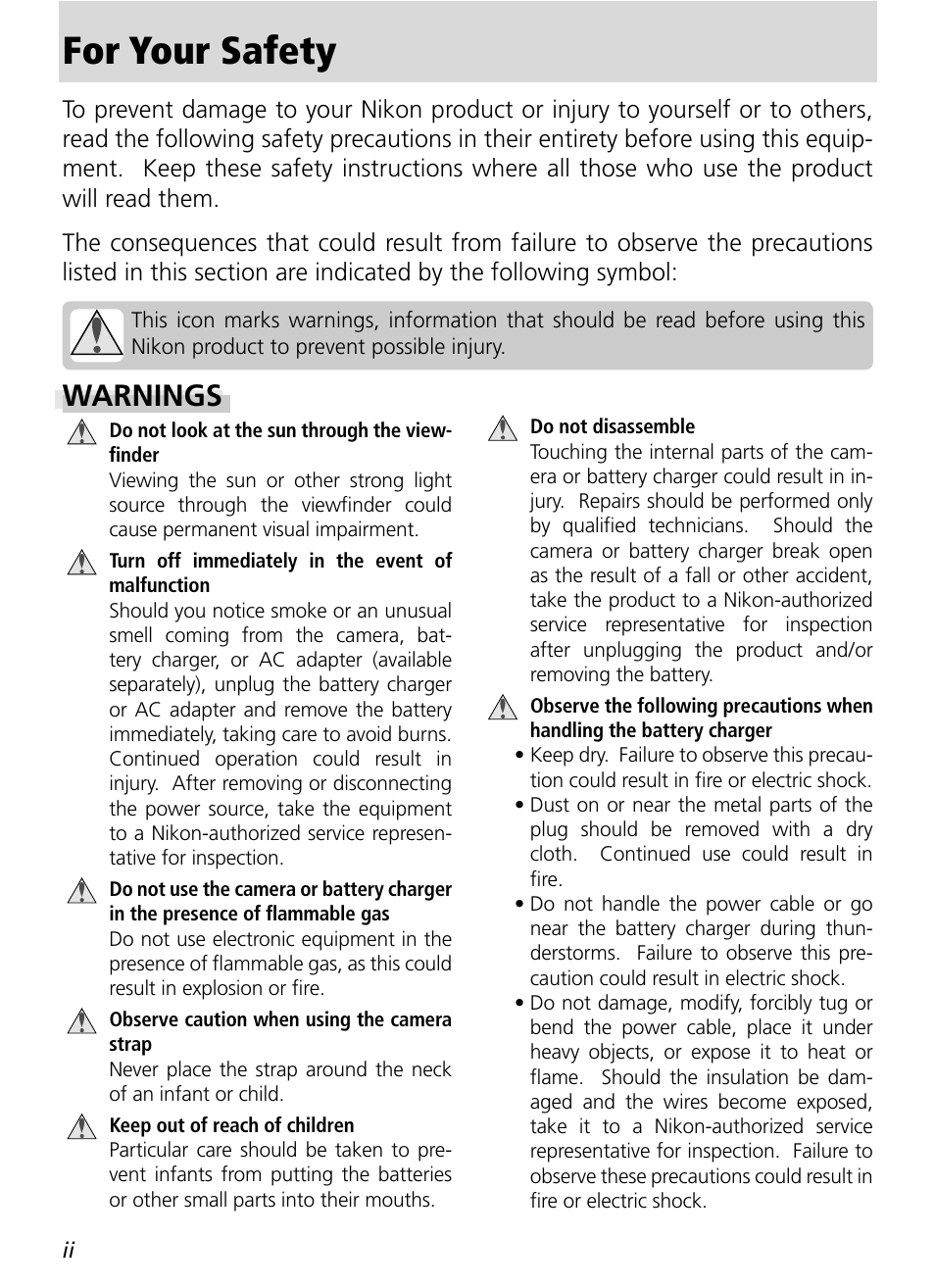 For your safety, Warnings | Nikon 8800 User Manual | Page 4 / 170