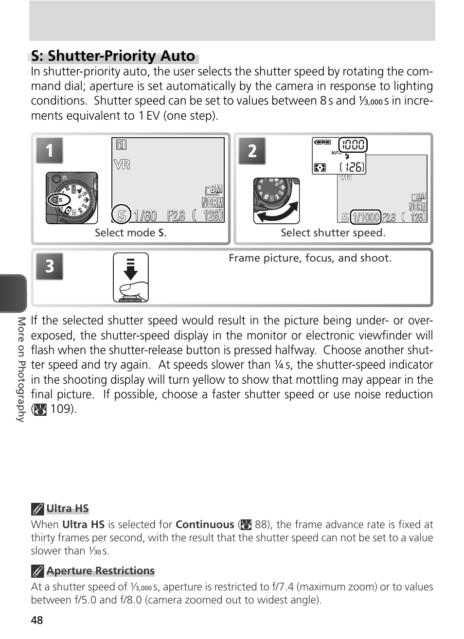 S: shutter-priority auto, F2.8 | Nikon 8800 User Manual | Page 58 / 170