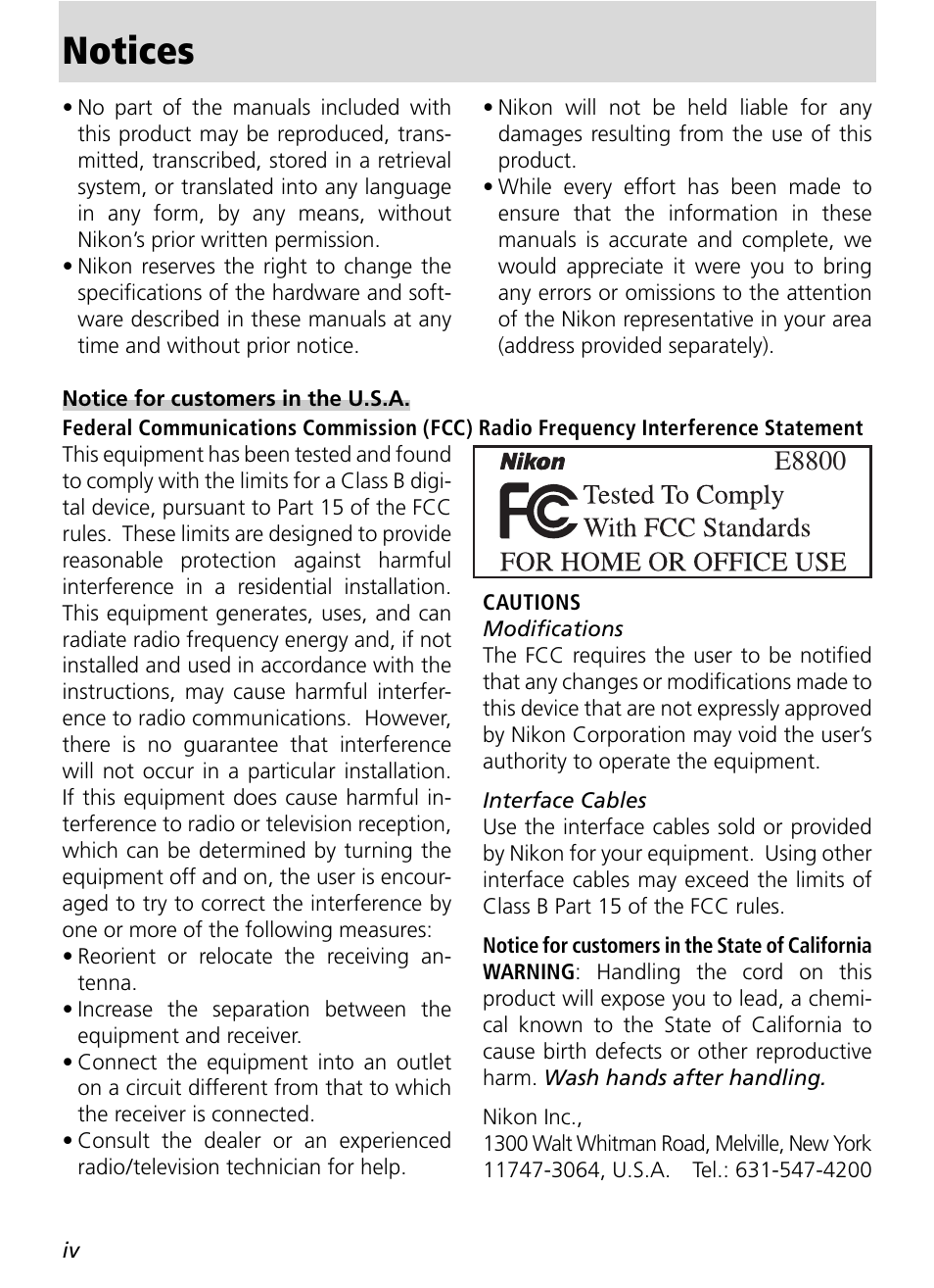 Notices, E8800 | Nikon 8800 User Manual | Page 6 / 170