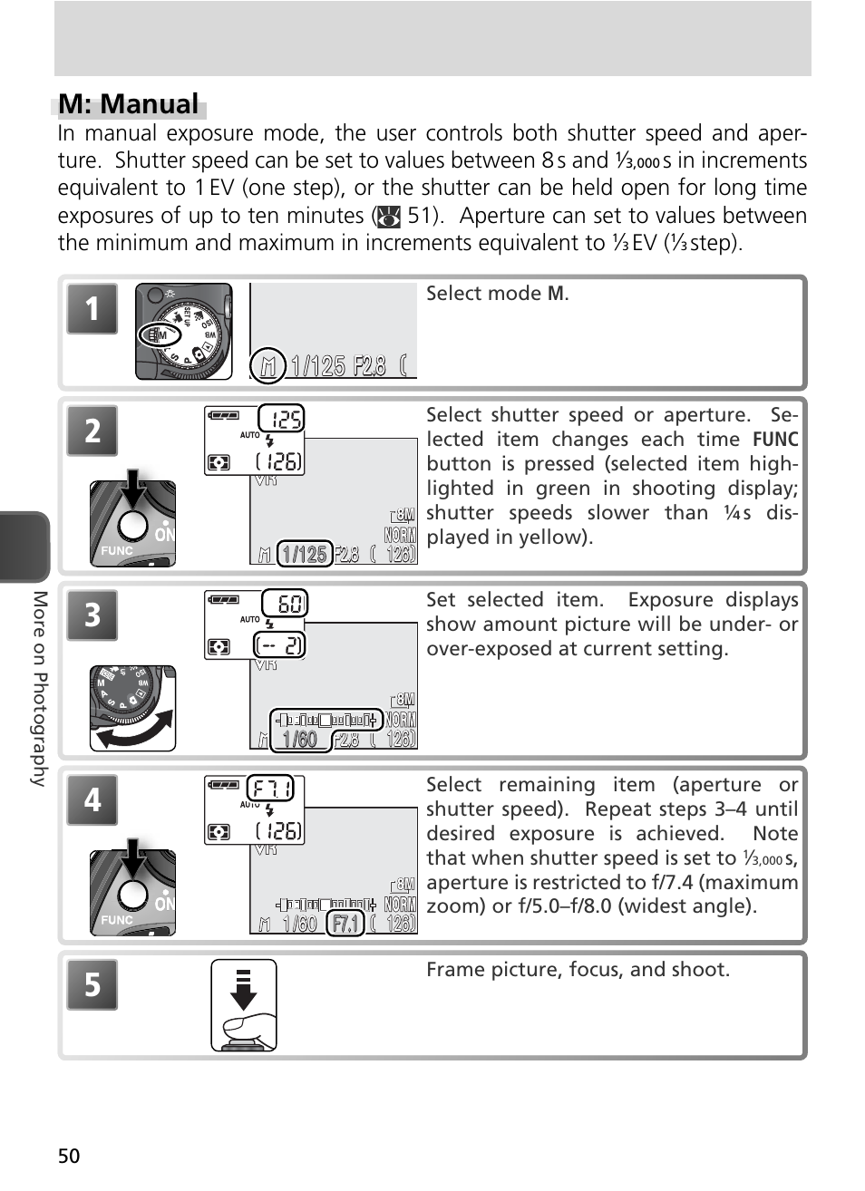 M: manual, F2.8 | Nikon 8800 User Manual | Page 60 / 170