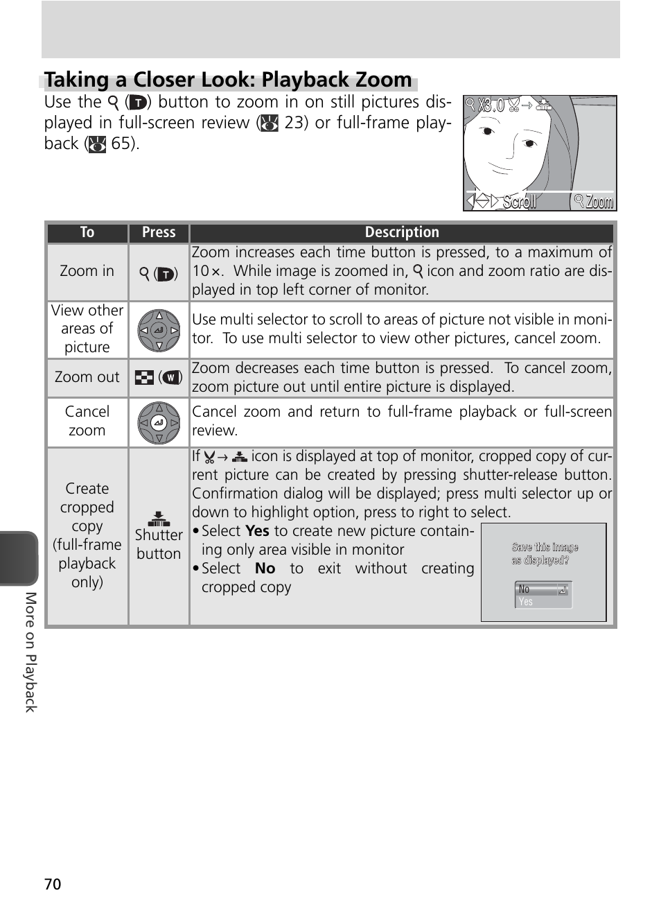 Taking a closer look: playback zoom, 0 scroll scroll scroll zoom zoom zoom | Nikon 8800 User Manual | Page 80 / 170