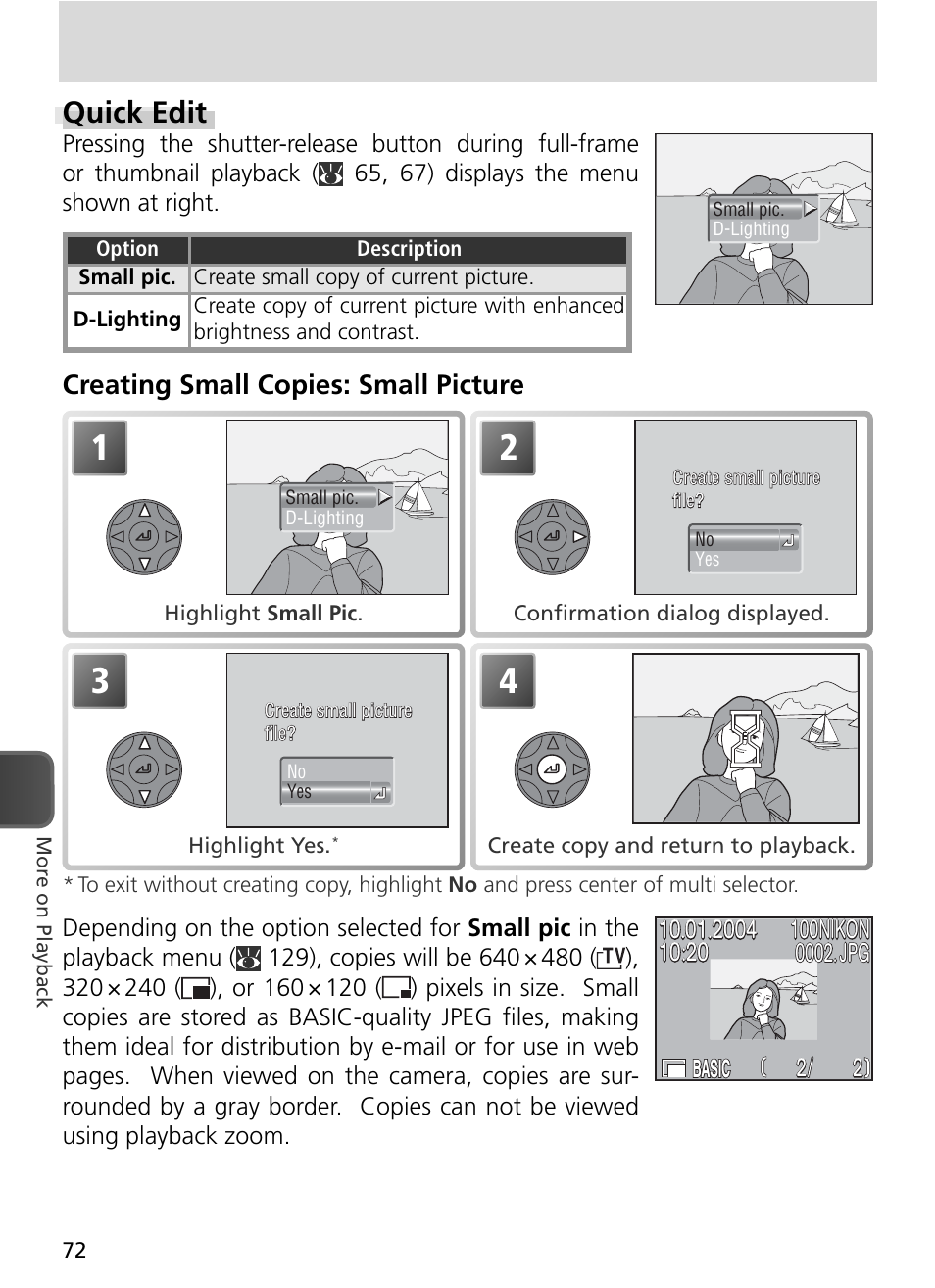 Quick edit, Creating small copies: small picture | Nikon 8800 User Manual | Page 82 / 170