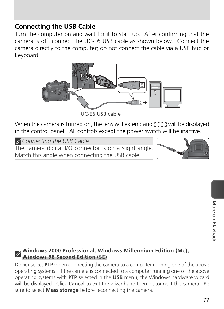 Connecting the usb cable | Nikon 8800 User Manual | Page 87 / 170