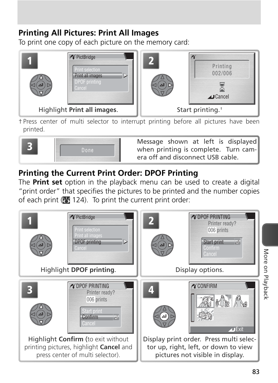 Printing all pictures: print all images, Printing the current print order: dpof printing | Nikon 8800 User Manual | Page 93 / 170