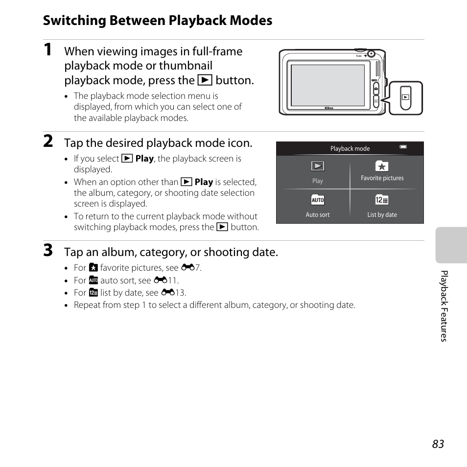 Switching between playback modes, Tap the desired playback mode icon, Tap an album, category, or shooting date | Nikon S6400 User Manual | Page 101 / 280