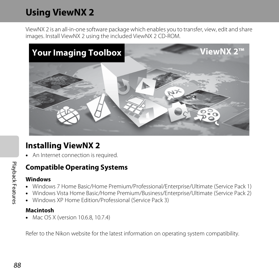 Using viewnx 2, Installing viewnx 2, A88) | Your imaging toolbox viewnx 2 | Nikon S6400 User Manual | Page 106 / 280