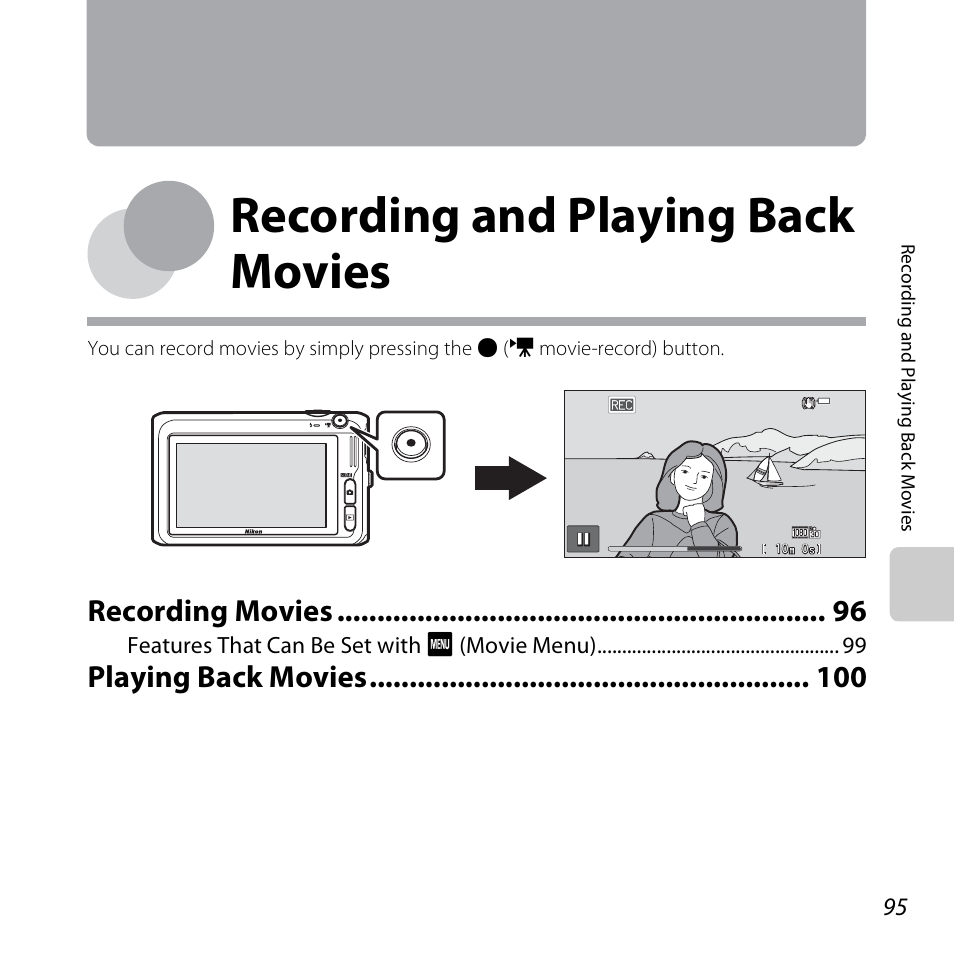 Recording and playing back movies, Recording movies, Playing back movies | Nikon S6400 User Manual | Page 113 / 280