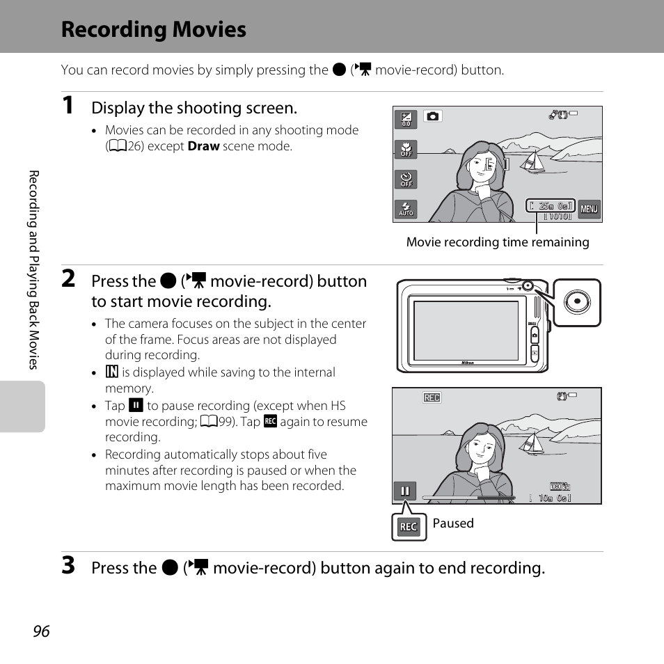 Recording movies, Display the shooting screen | Nikon S6400 User Manual | Page 114 / 280