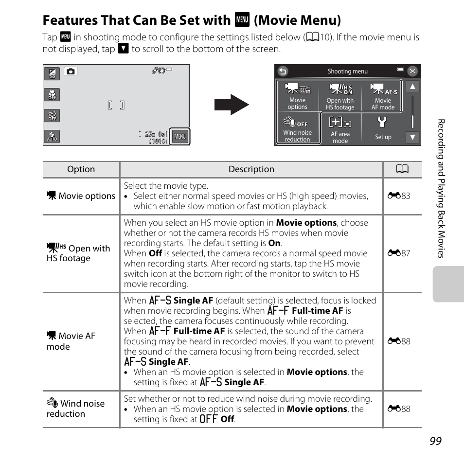 Features that can be set with menu (movie menu), Features that can be set with f (movie menu), A99) | A99) in the m | Nikon S6400 User Manual | Page 117 / 280