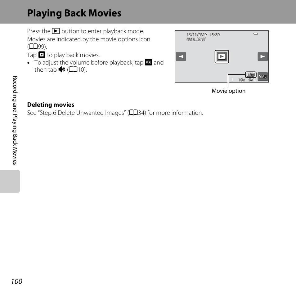 Playing back movies | Nikon S6400 User Manual | Page 118 / 280