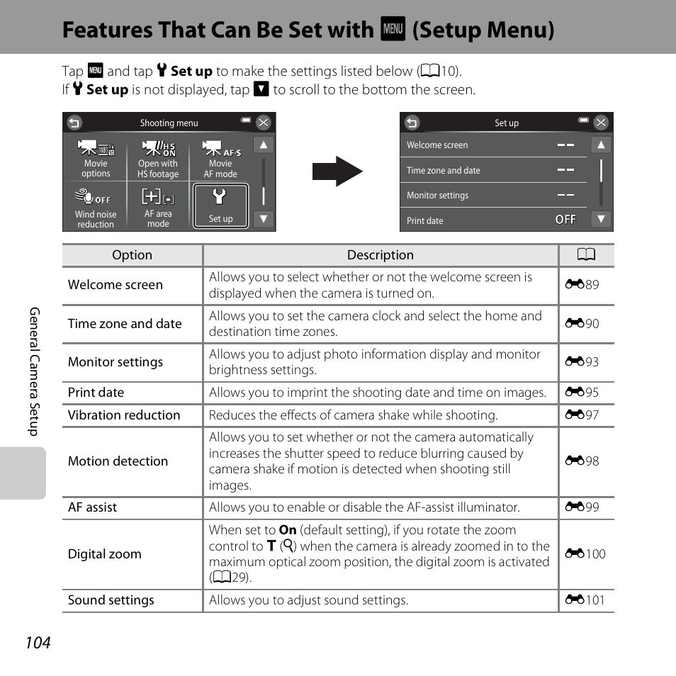 Features that can be set with menu (setup menu), Features that can be set with f (setup menu), A104 | A104), A104) in t, A104) w | Nikon S6400 User Manual | Page 122 / 280