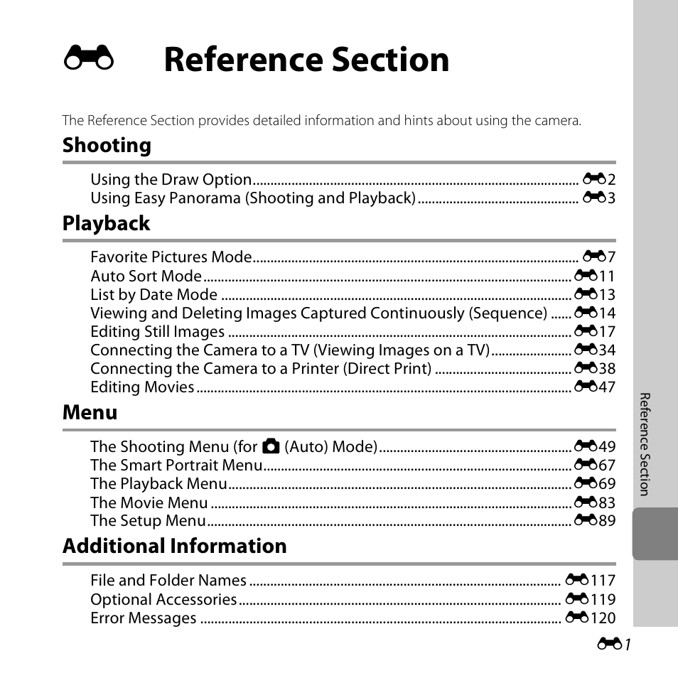 Reference section, Shooting, Playback | Menu, Additional information | Nikon S6400 User Manual | Page 125 / 280