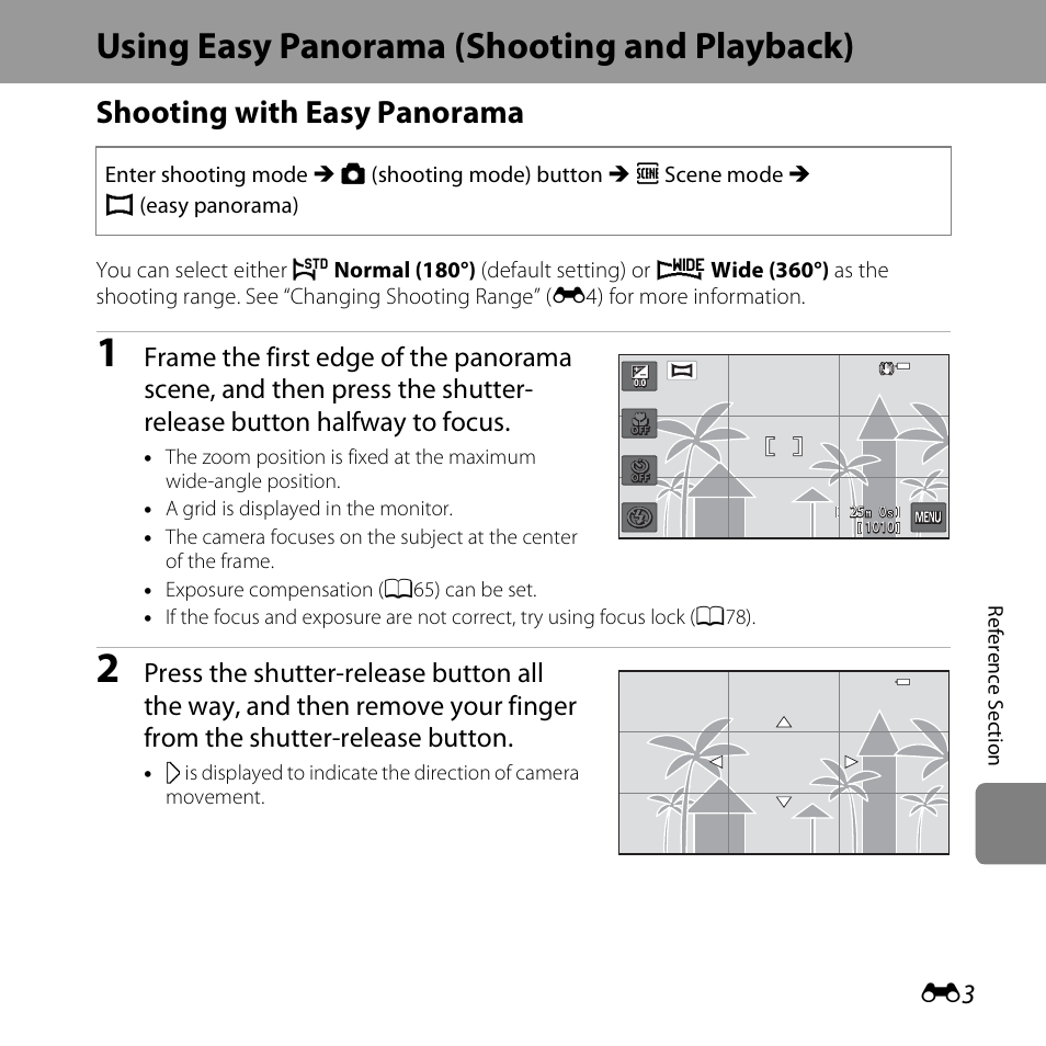 Using easy panorama (shooting and playback), Shooting with easy panorama | Nikon S6400 User Manual | Page 127 / 280