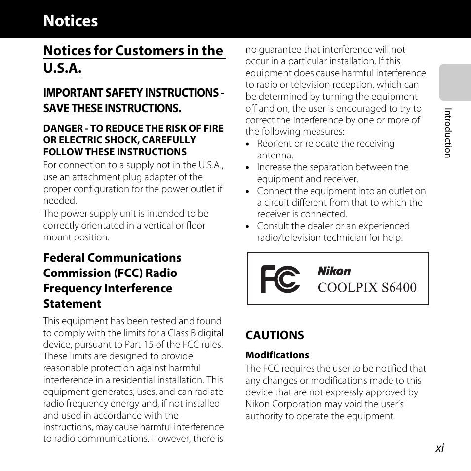 Notices, Notices for customers in the u.s.a | Nikon S6400 User Manual | Page 13 / 280
