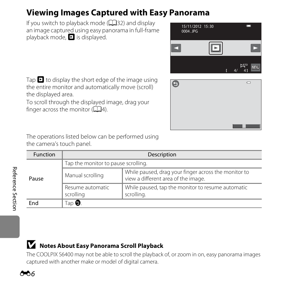 Viewing images captured with easy panorama | Nikon S6400 User Manual | Page 130 / 280