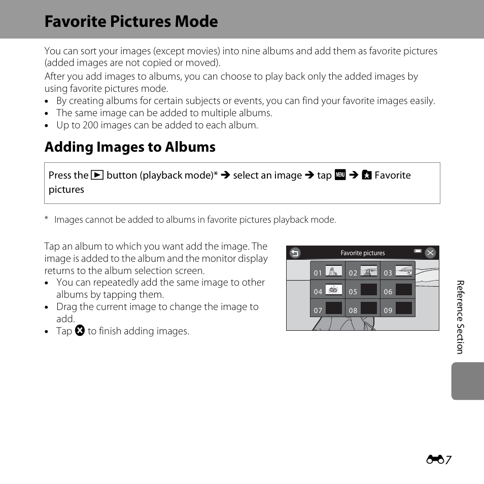 Favorite pictures mode, Adding images to albums | Nikon S6400 User Manual | Page 131 / 280