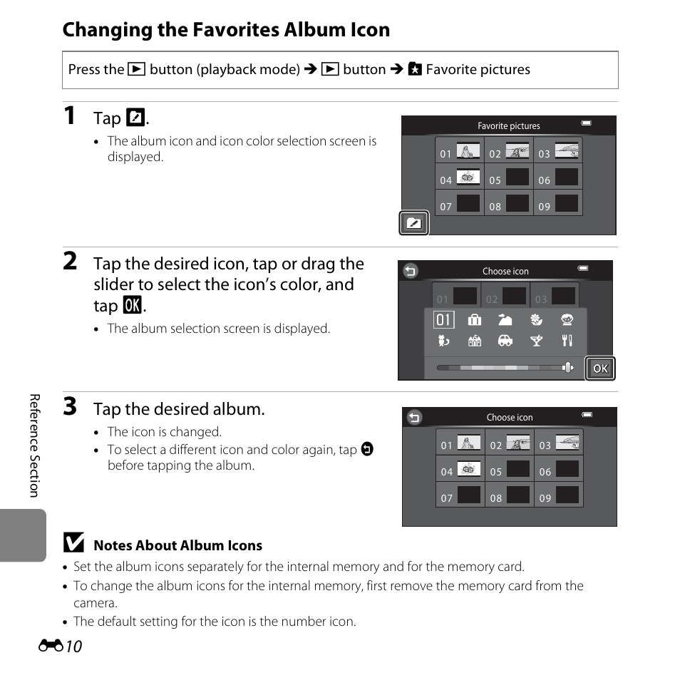 Changing the favorites album icon, Tap k, Tap the desired album | Nikon S6400 User Manual | Page 134 / 280