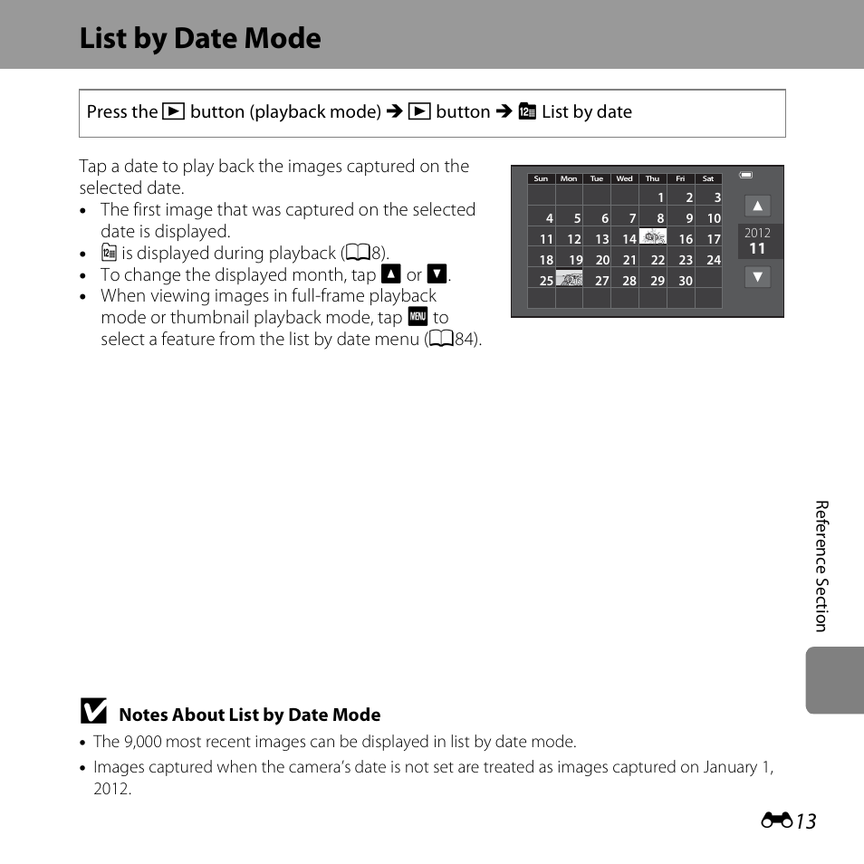 List by date mode, E13) | Nikon S6400 User Manual | Page 137 / 280