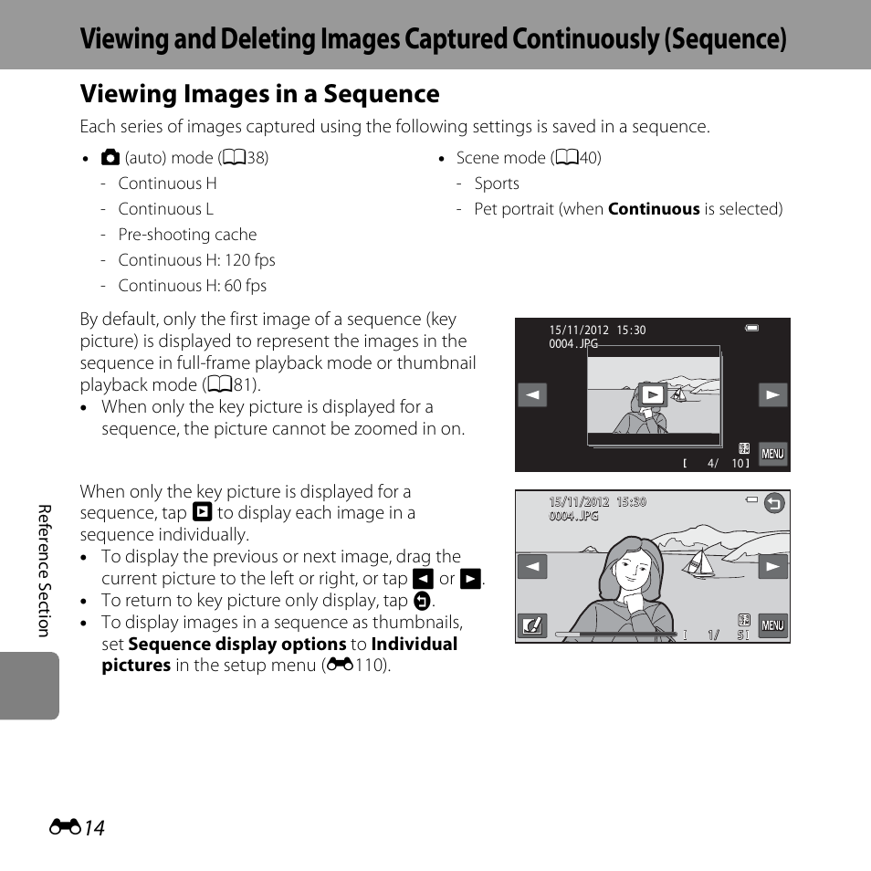 Viewing images in a sequence | Nikon S6400 User Manual | Page 138 / 280