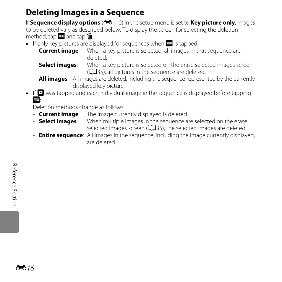 Deleting images in a sequence, E16) | Nikon S6400 User Manual | Page 140 / 280