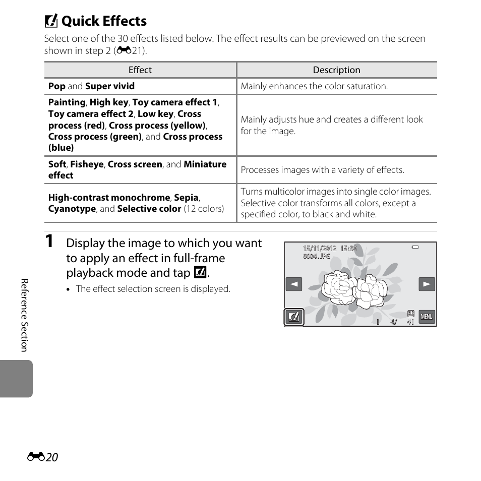 Quick effects, P quick effects, See “p quick effects | E20), E20) for inf | Nikon S6400 User Manual | Page 144 / 280