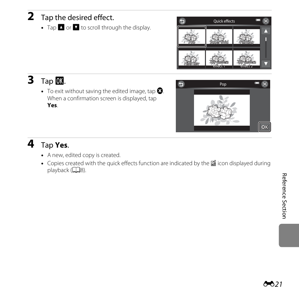 Tap the desired effect, Tap i, Tap yes | Nikon S6400 User Manual | Page 145 / 280