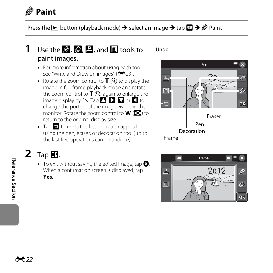 Paint, E22), U paint | Use the i, j, k, and l tools to paint images, Tap i | Nikon S6400 User Manual | Page 146 / 280