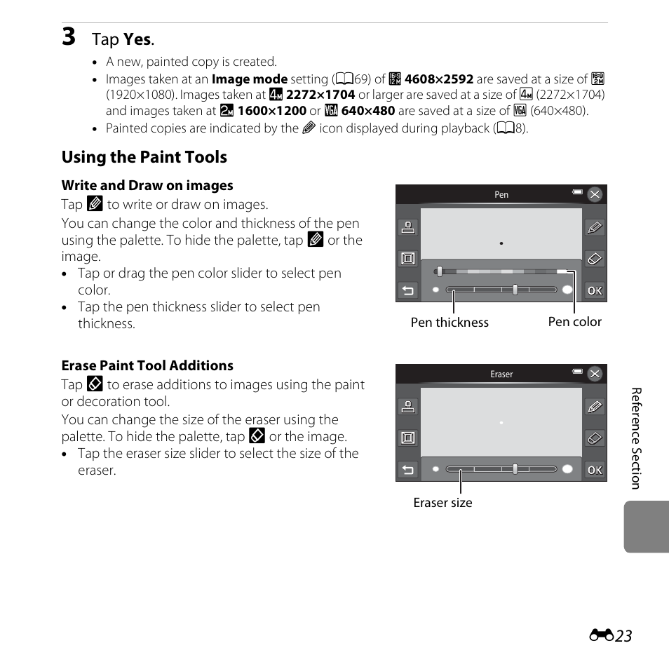 E “write and draw on images, E23), Tap yes | Using the paint tools | Nikon S6400 User Manual | Page 147 / 280