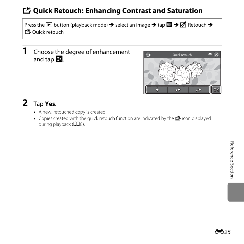 Quick retouch: enhancing contrast and saturation, K quick retouch: enhancing contrast and saturation | Nikon S6400 User Manual | Page 149 / 280