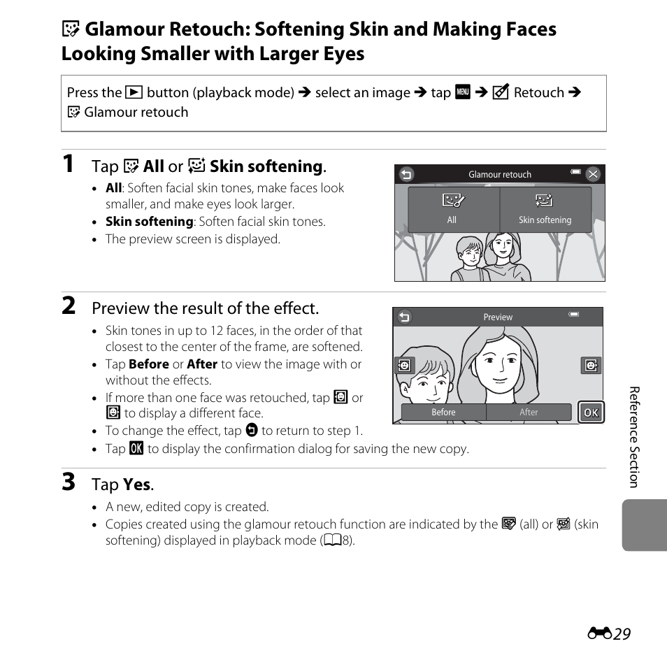 E29), Tap j all or e skin softening, Preview the result of the effect | Tap yes | Nikon S6400 User Manual | Page 153 / 280
