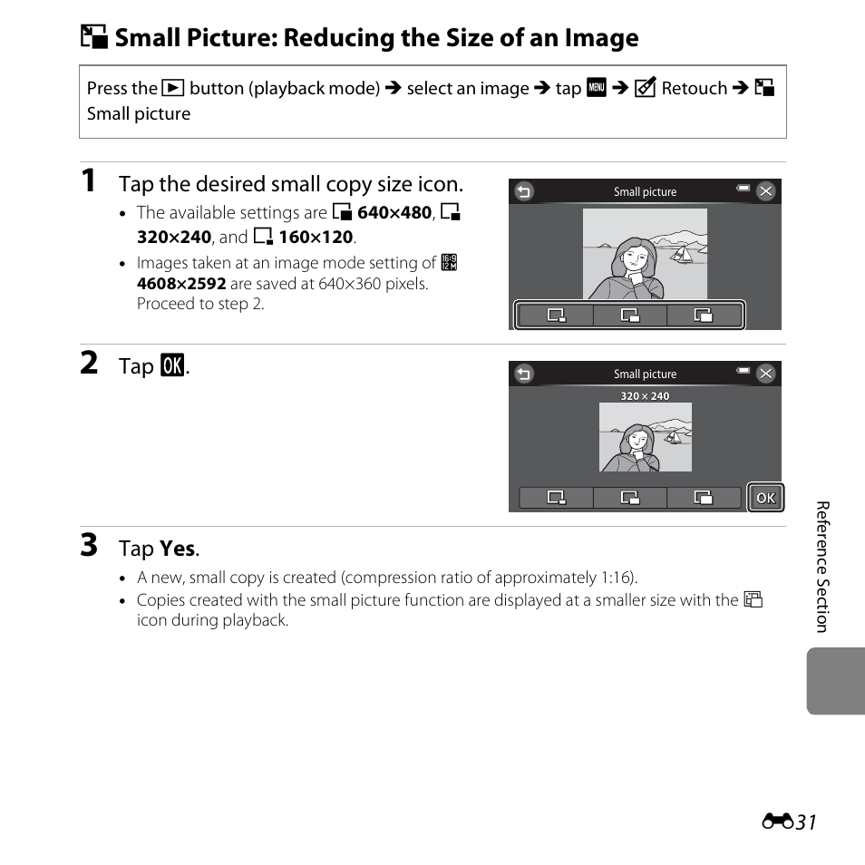 Small picture: reducing the size of an image, G small picture: reducing the size of an image, E31) | Tap the desired small copy size icon, Tap i, Tap yes | Nikon S6400 User Manual | Page 155 / 280